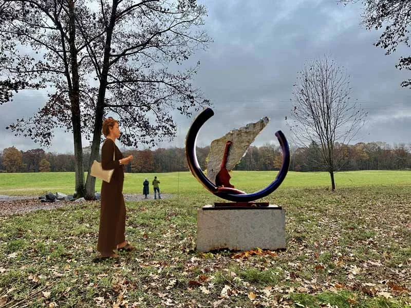 SISYPHEAN CIRCLE 8-14-17  2017, granite/galvanized and powder coated steel,
49"h x53"w x16"d (front and back views)