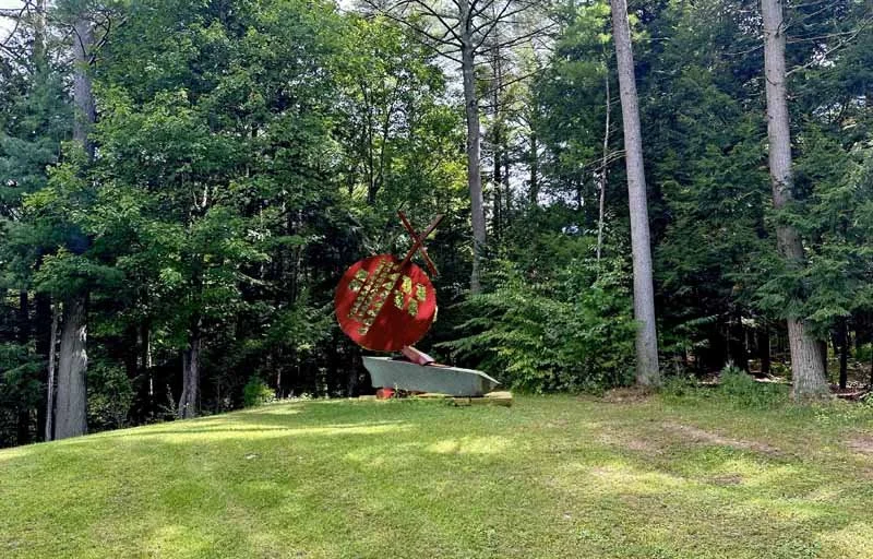 "RECONSIDERING SISYPHUS (fallen obelisk)" 2020, granite/galvanized and powder coated steel, 123"h x102"w x43"d