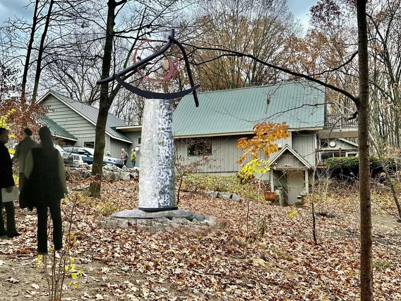 Sisyphean Circle (tank top), 2018, riverstone/stainless/galv and powder-coated steel, 117”h x75”w x30”d