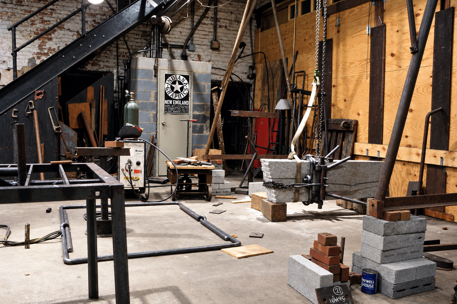 forged steel bars for base on floor during fabrication - DC studio at 57 N Street NW