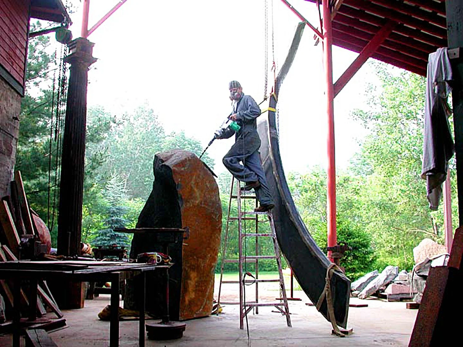 during fabrication - Wells Studio 2004 - JVA on ladder