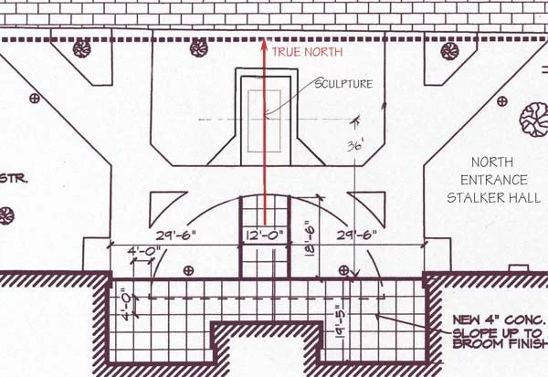 GATHERING PLACE:   a contemplative site

The Sunwork will be sited in the plaza area directly off the north entrance of Stalker Hall. Working closely with the architect and landscape design team we will integrate the sculpture into the pedestrian and