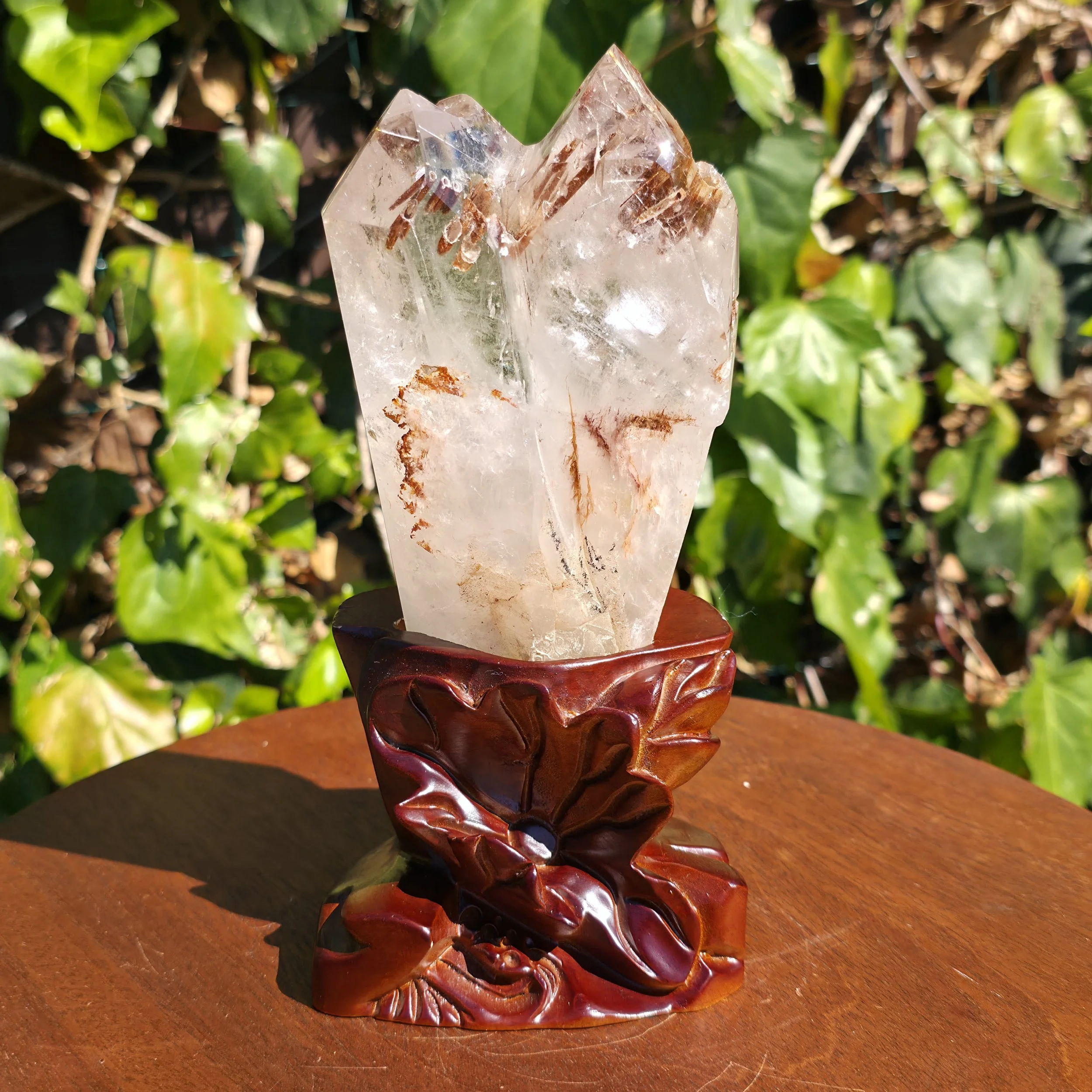 Multi-Point Quartz w/Copper Rutile on Custom Wood Stand
