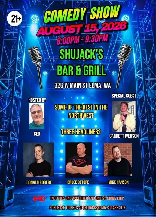 A poster for comedy night at ShuJack's Bar & Grill in downtown Elma, WA