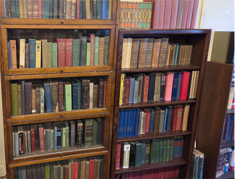 Shelves filled with antique books