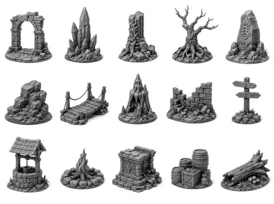 Set of fantasy-themed 3D printed miniature terrain pieces including ruins, crystals, rocks, trees, bridges, volcanoes, signposts, well, campfire, chest, barrels, and logs.