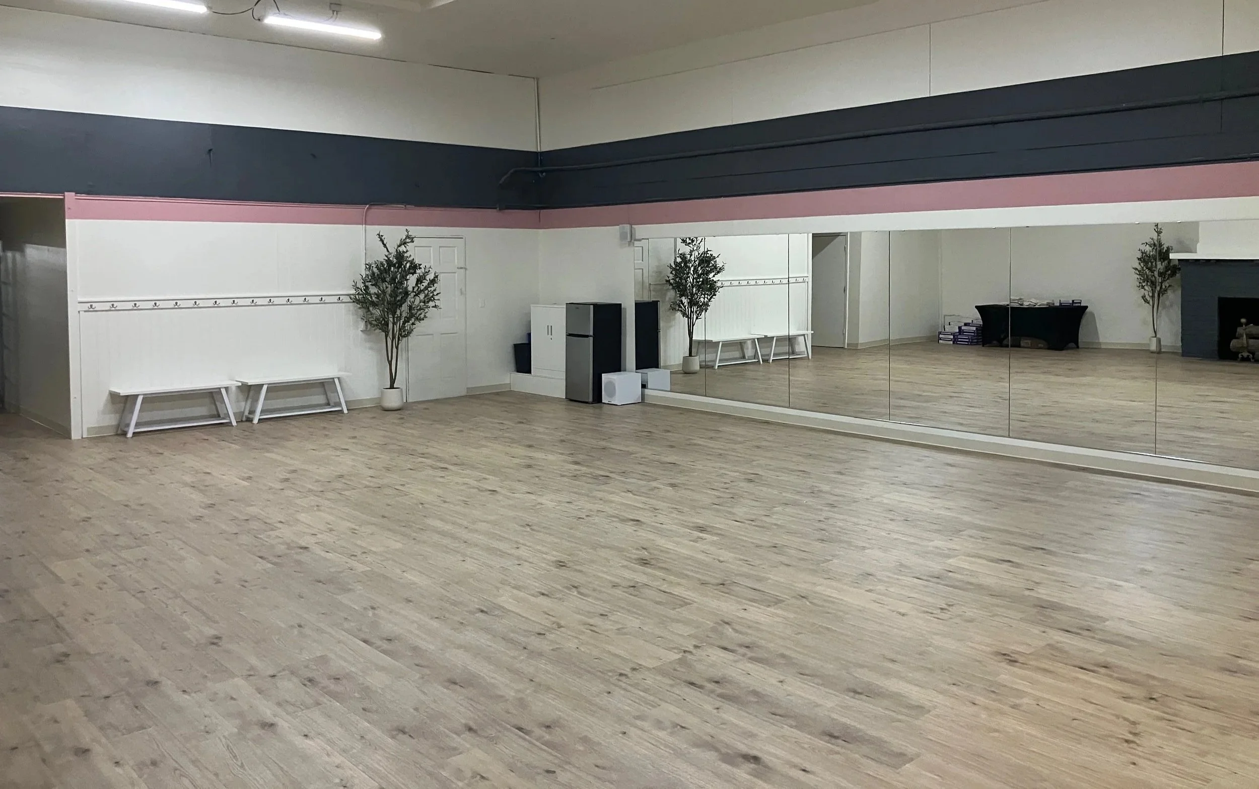 Brightly lit dance, aerobic, or martial arts studio with wooden floor and a wall of mirrors