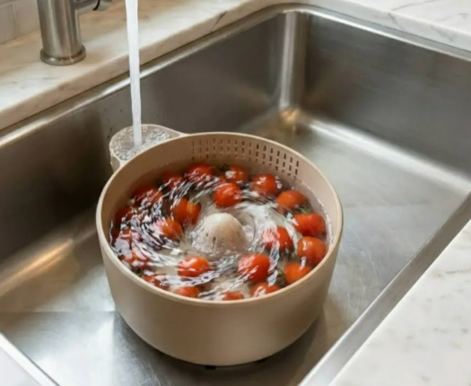 A running kitchen sink faucet pouring water into a 3D printed vortex vegetable and fruit washer and strainer. The water is spinning water over cherry tomatoes in the vortex washer