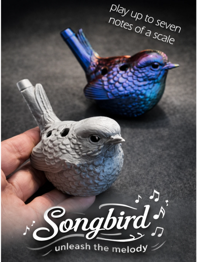 Two 3D printed bird-shaped musical whistles, one gray and one in bright colors, with text indicating they can play up to seven notes of a scale. The phrase "Songbird unleash the melody" is visible.