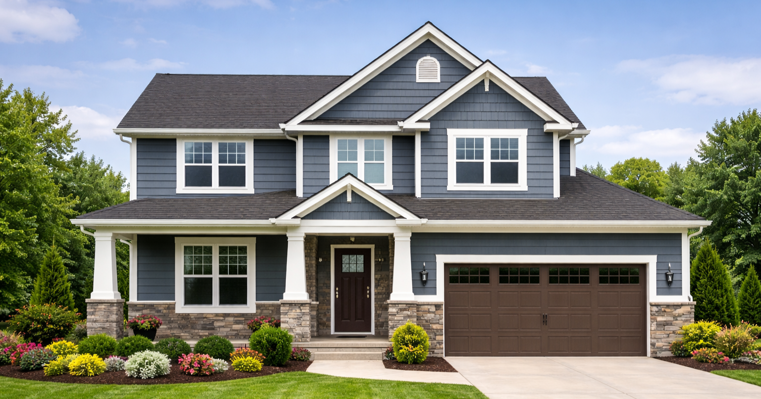 A two-story suburban house with blue siding, white trim, and a brown garage door, surrounded by colorful landscaping and green trees.