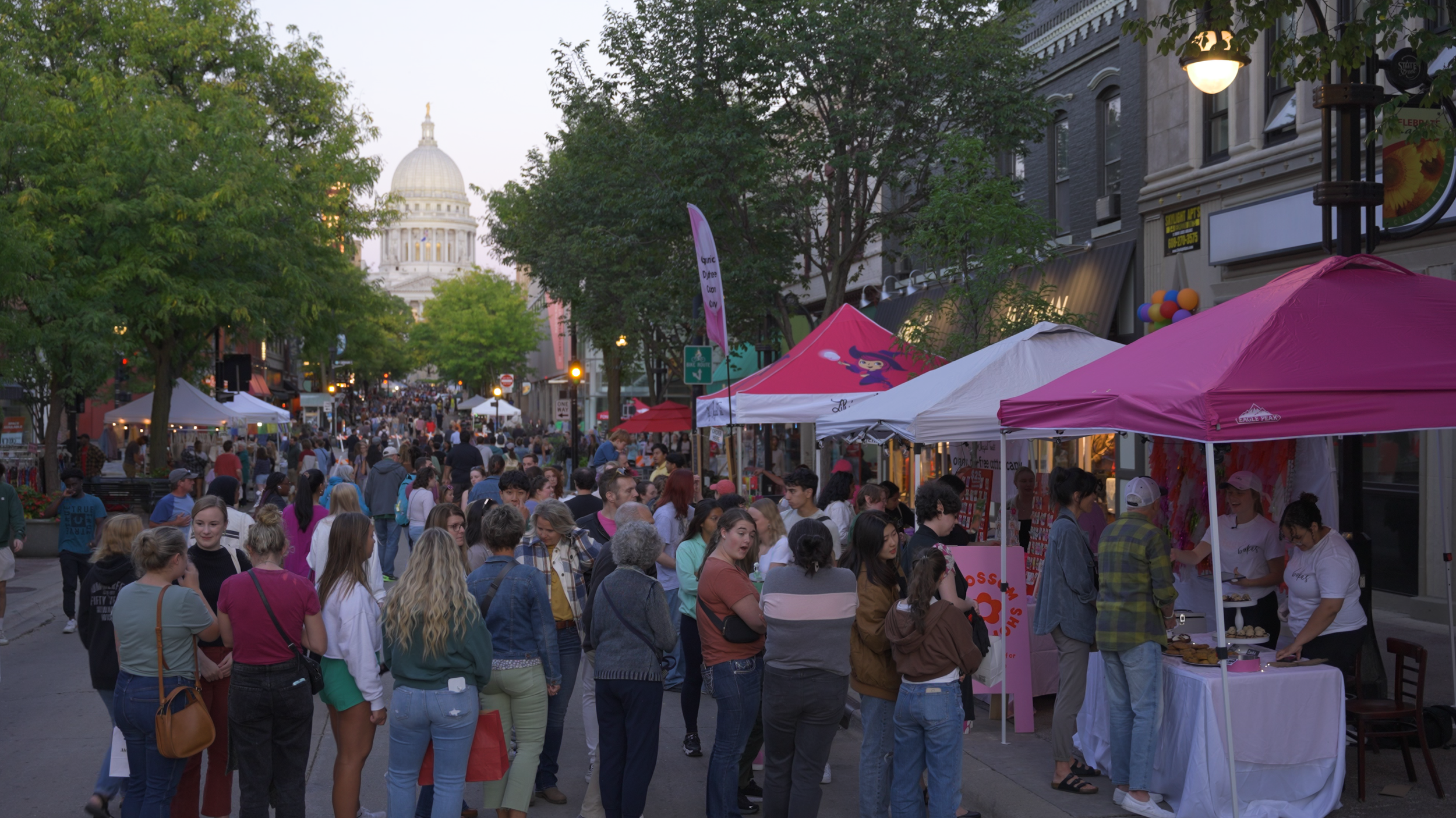 Crowd of people walking and browsing at an outdoor street market with vendor tents, trees, and a prominent domed building in the background.