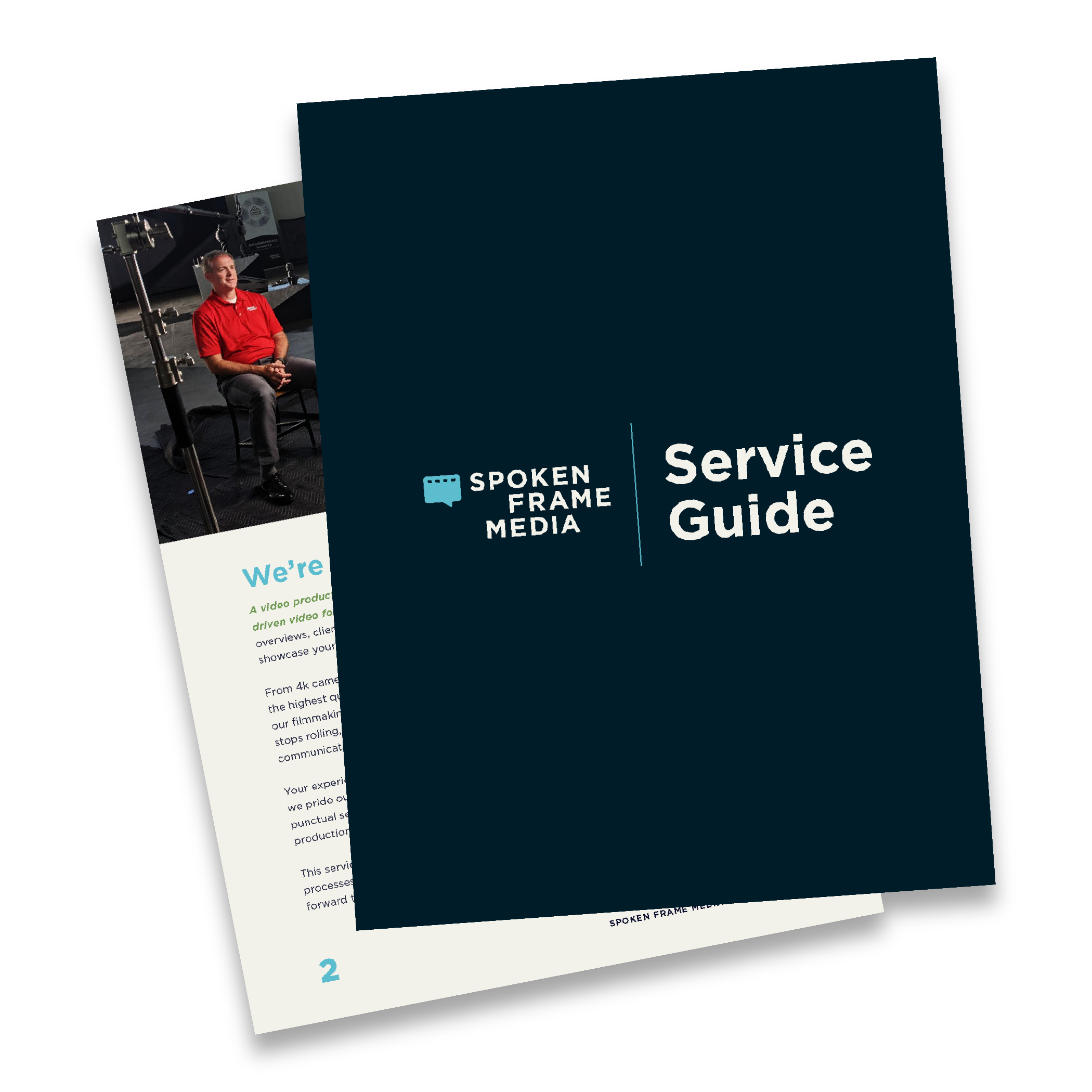 A digital graphic design featuring the words 'Service Guide' and 'Spoken Frame Media' with the background consisting of a photo of a man in a red shirt sitting in a dark studio setting, with professional filming equipment visible.