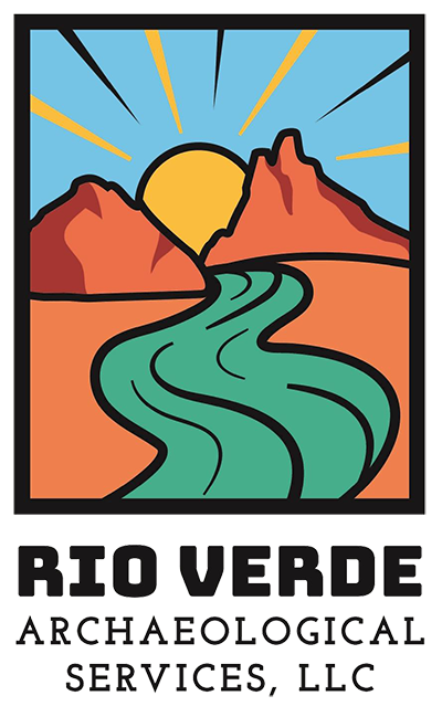 Black text Rio Verde Archaeological Services, LLC logo with an illustration of a sunset over a mountain range with a winding river in the foreground.