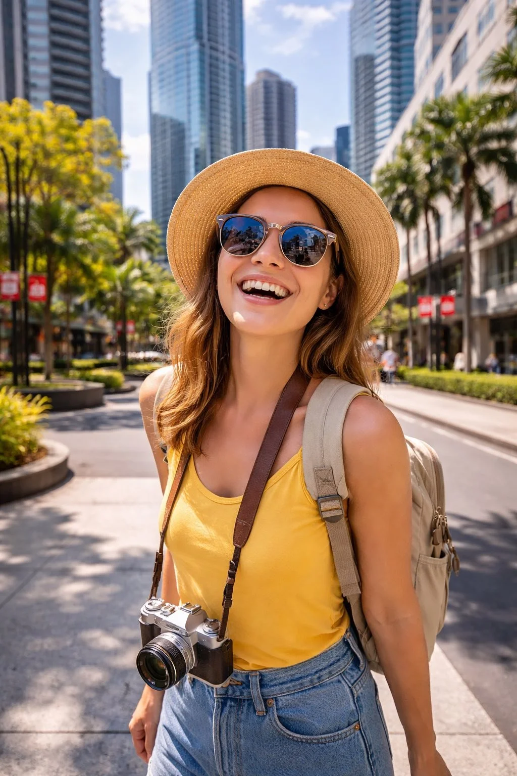 A woman smiling outdoors in a city with tall buildings, wearing a straw hat, sunglasses, a yellow tank top, and carrying a beige backpack and a camera around her neck.