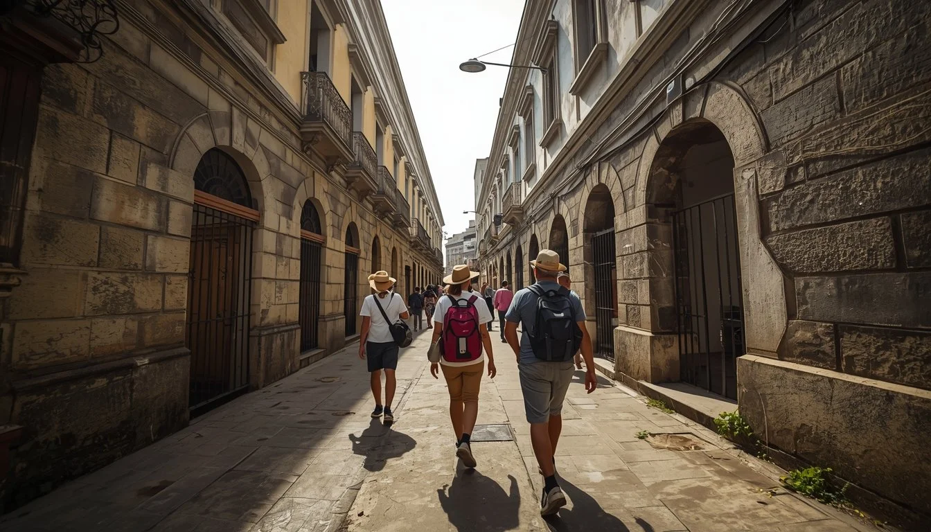 A group of people walking down a narrow urban street with old stone buildings on either side, wearing hats and backpacks.