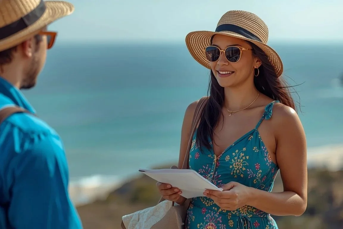 A woman wearing a straw hat and sunglasses smiling while holding a piece of paper, chatting with a man wearing a straw hat and glasses on a beach.