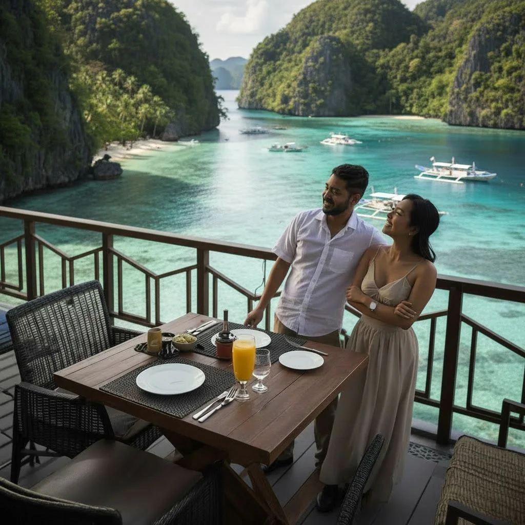 A couple enjoying breakfast on a balcony overlooking a turquoise bay with boats and lush green cliffs in the background.