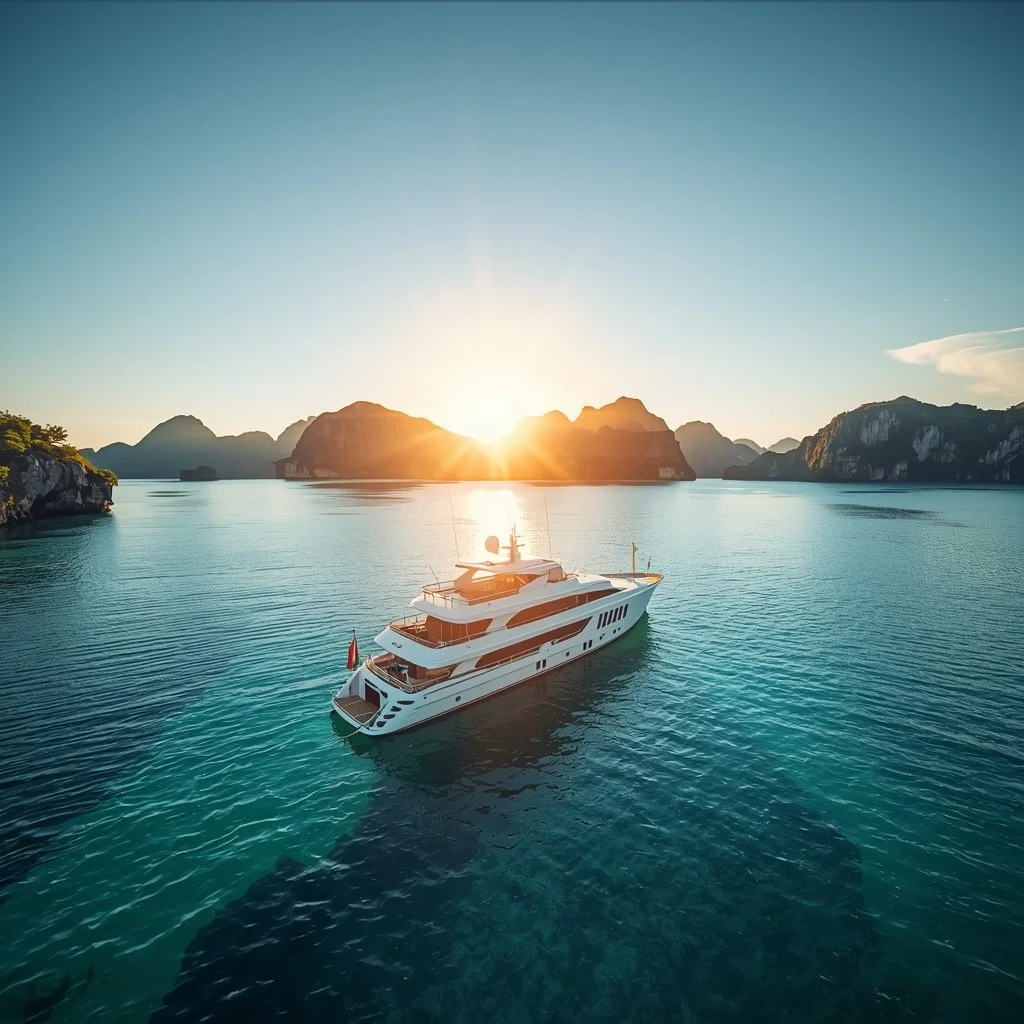 A yacht sailing in calm turquoise waters near a mountainous island at sunset.