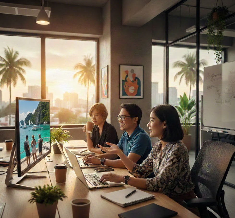 Three people in a conference room looking at a screen showing a travel scene with boats and cliffs, during sunset.
