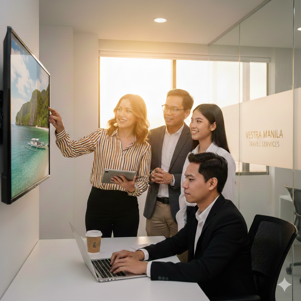 A group of four diverse businesspeople, three women and one man, are gathered around a presentation screen in an office. The woman in the striped shirt is pointing at the screen showing an image of a tropical beach with a boat, while the others are listening and looking at the screen. There is a laptop and a paper coffee cup on the table.