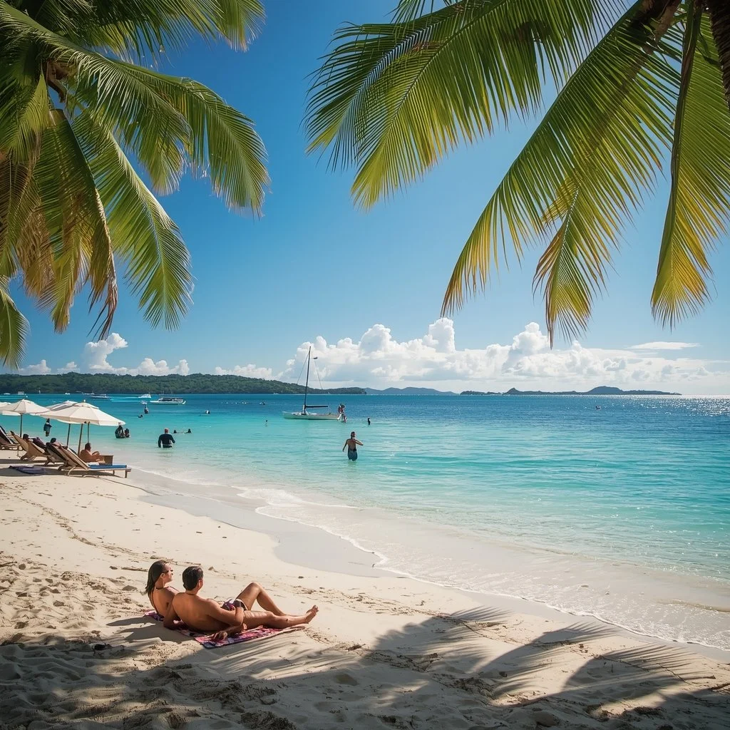 People relaxing on a sandy beach under palm trees with turquoise ocean water, boats, and a clear blue sky in the background.