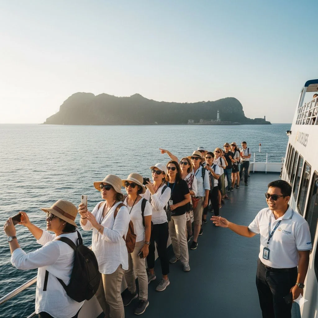 Group of tourists on a boat, taking photos and enjoying the view of a large island with a lighthouse in the background.