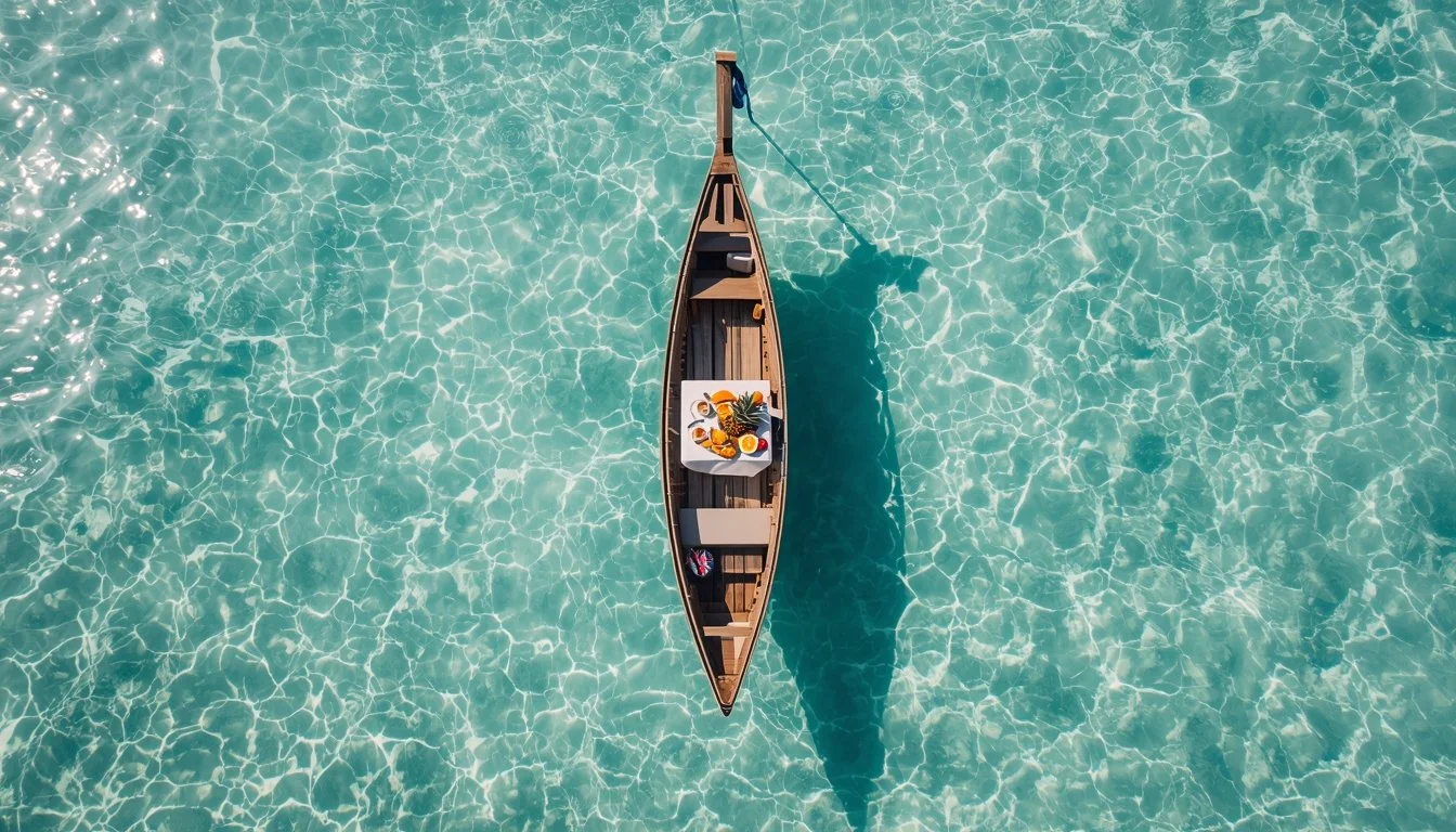 A boat floating in clear blue water, viewed from above, with a table set on the boat's deck that has a fruit platter, a coffee cup, and a small bowl.