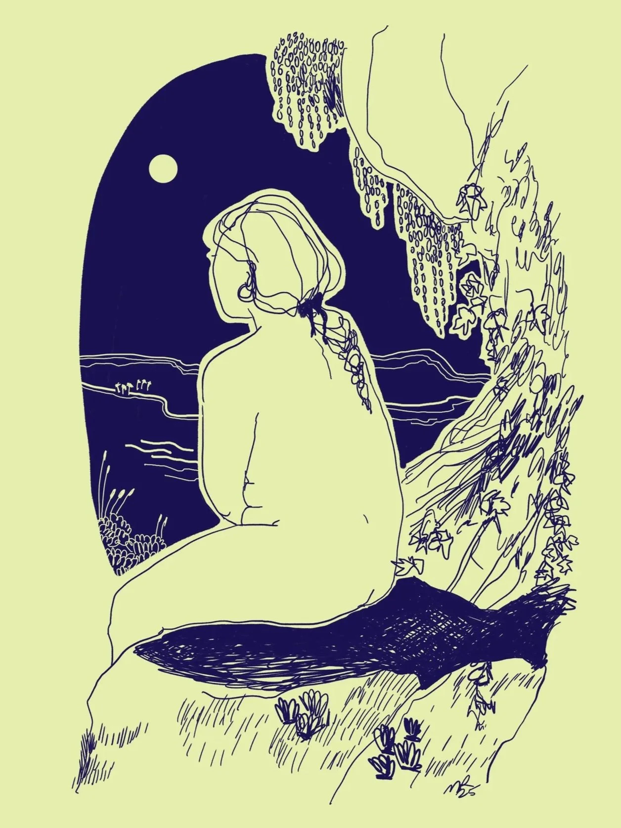 Piirros naisesta, joka istuu kivellä ja katsoo taivasta, taustalla täysikuu ja luonnonmaisema.