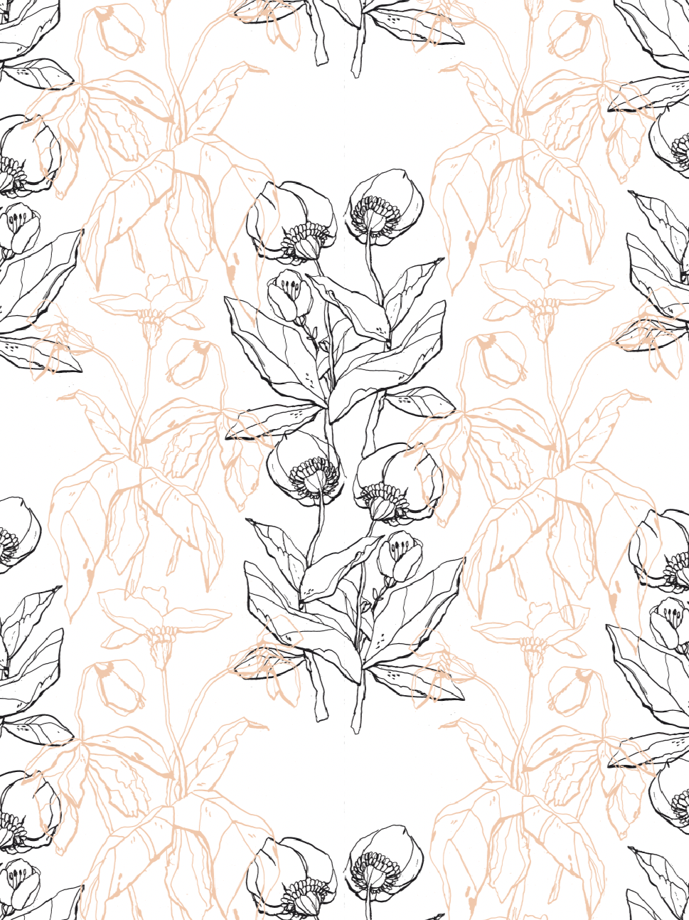 Musta ja vaaleanpunaista kukkamaalausta, jossa kukat ja lehdet toistuvat symmetrisesti.