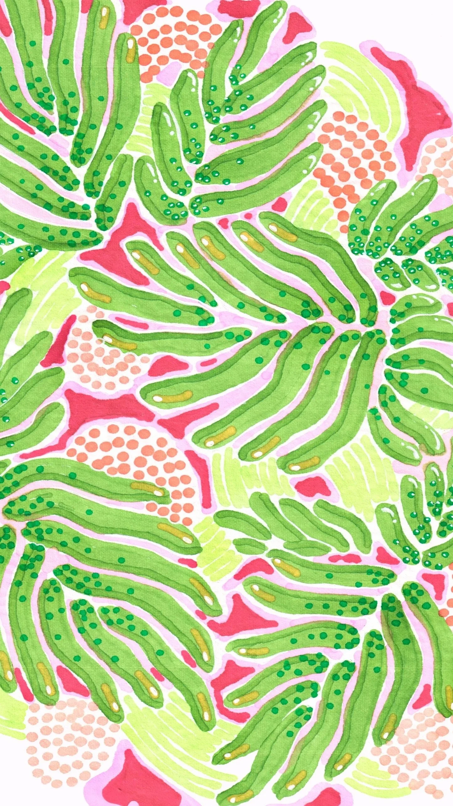 Vihreitä lehtiä ja punaisia kukkia. Ympärillä on vihreitä ja pinkkejä muotoja.