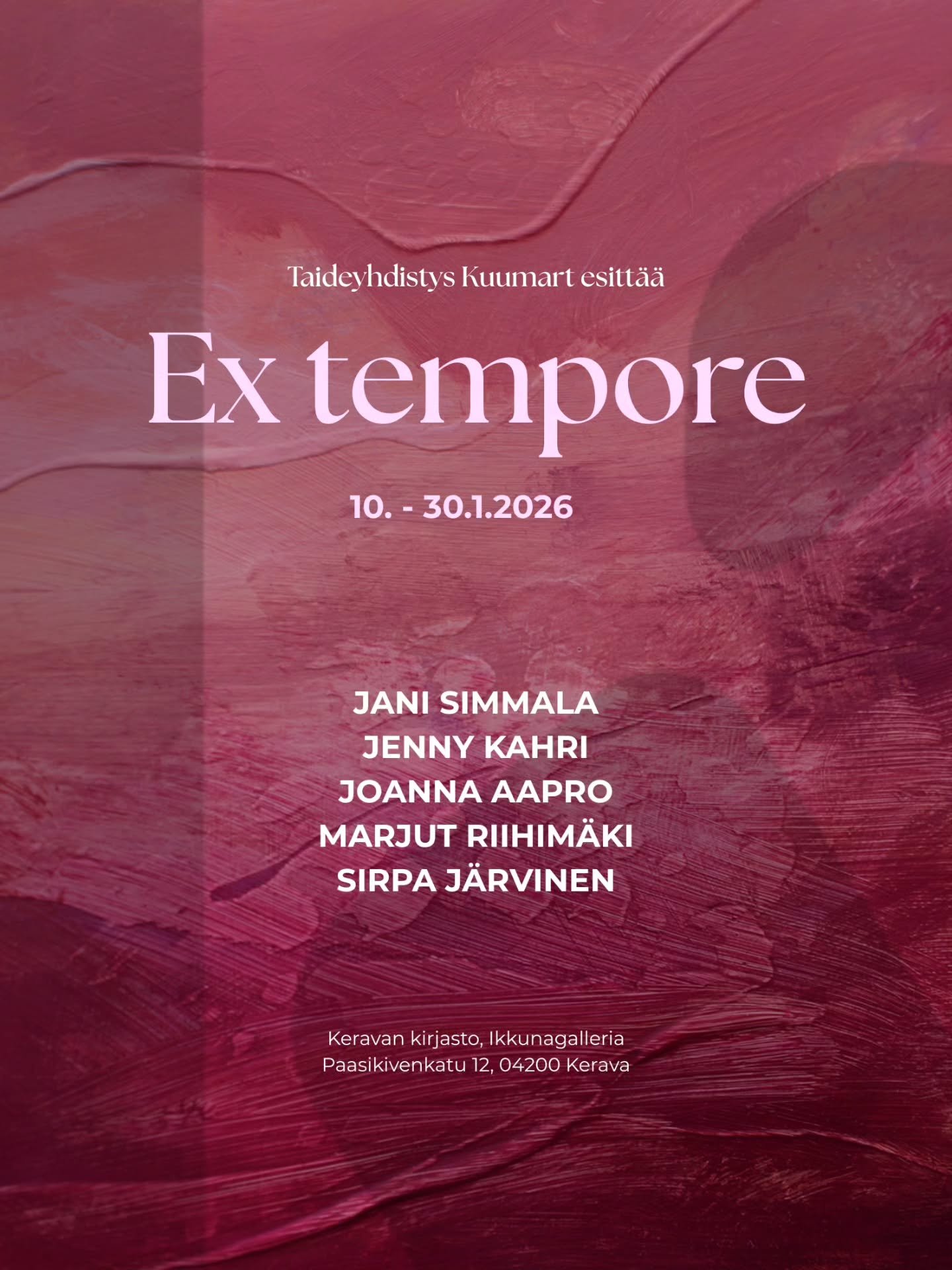 Nimens&auml; mukainen, p&auml;iv&auml;ss&auml; Kuumartin hallituksen kanssa kokoon kyh&auml;tty yhteisn&auml;yttely on nyt esill&auml; Keravan kirjastolla. Siit&auml; onkin rapeat 7 vuotta edellisest&auml; julkisesta esiintymisest&auml;, he hee. 🌝
K