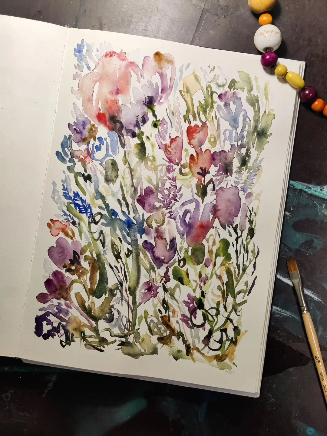 Sanon n&auml;it&auml; siveltimenirroitteluharjoituksiksi. Maalaan vesiv&auml;rein luonnoskirjaan, jos tuntuu silt&auml; ettei suurempi akryylimaalaus etene oikeaan suuntaan. Yleens&auml; se auttaa p&auml;&auml;sem&auml;&auml;n eteenp&auml;in. 
.
.
.
