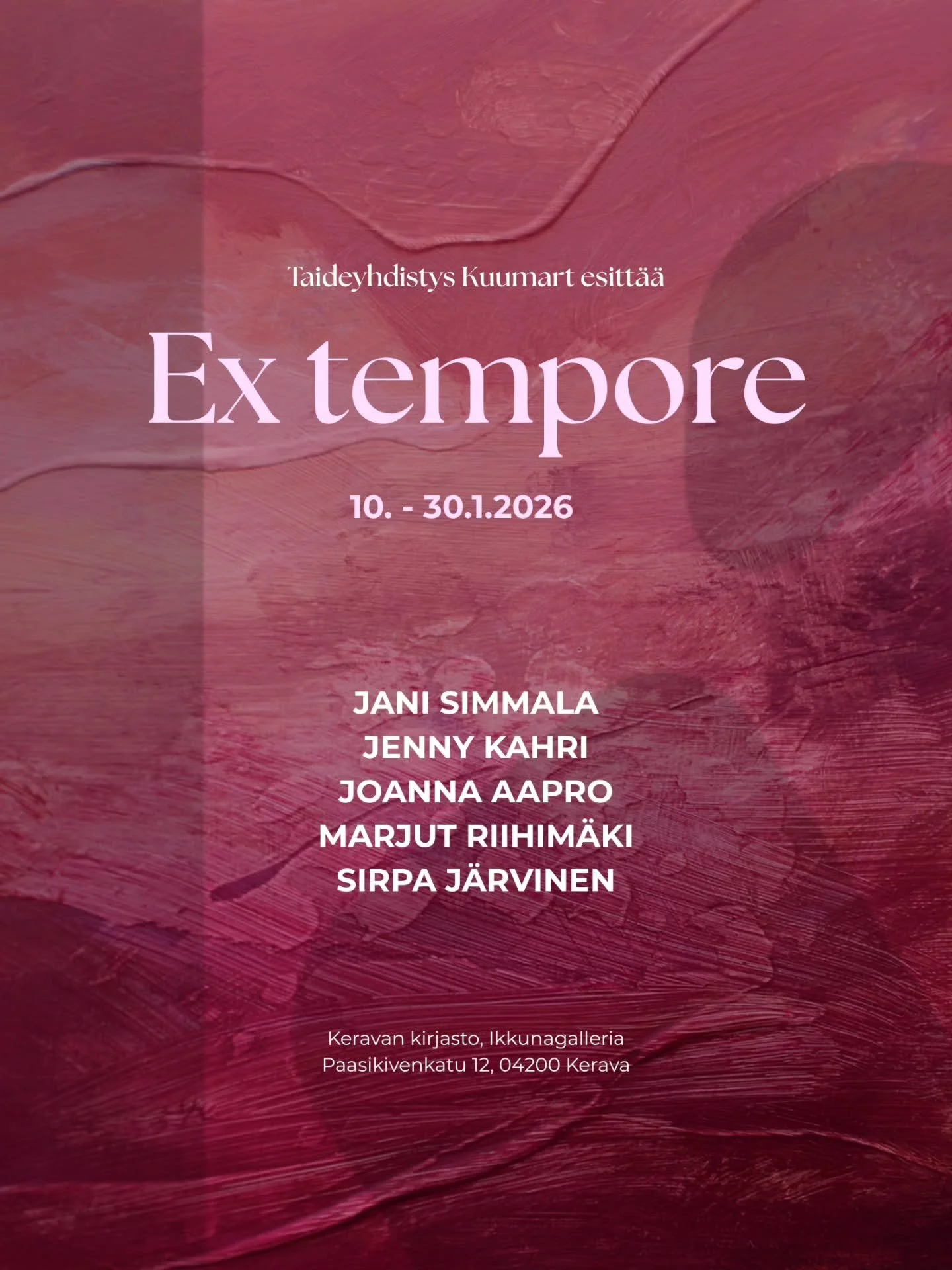 Nimens&auml; mukainen, p&auml;iv&auml;ss&auml; Kuumartin hallituksen kanssa kokoon kyh&auml;tty yhteisn&auml;yttely on nyt esill&auml; Keravan kirjastolla. Siit&auml; onkin rapeat 7 vuotta edellisest&auml; julkisesta esiintymisest&auml;, he hee. 🌝
K