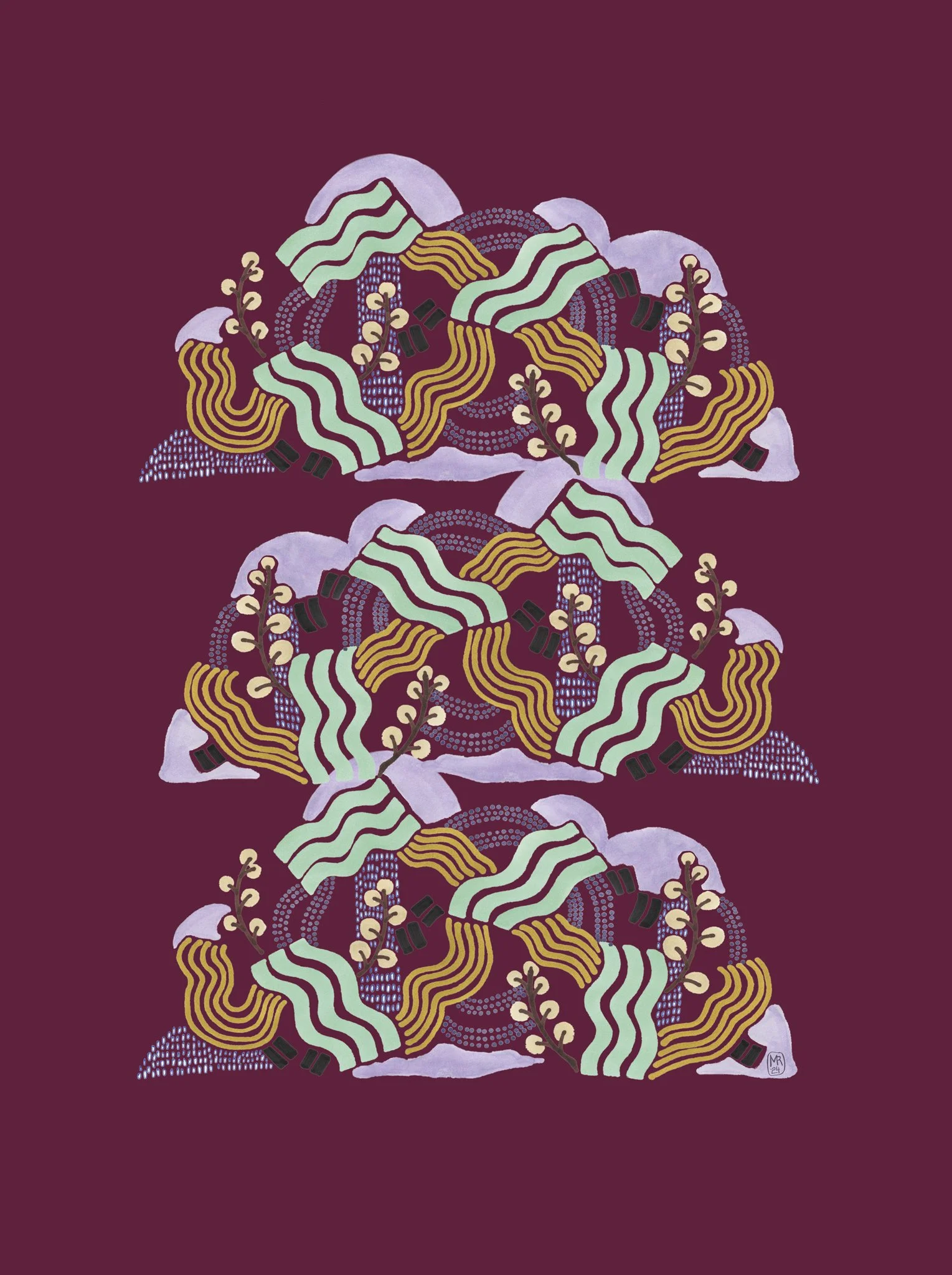 Abstrakti taideteos, jossa on neljä suurta kukkaa, joissa on vihreitä, keltaisia ja mustia kuvioita violettitaustalla.