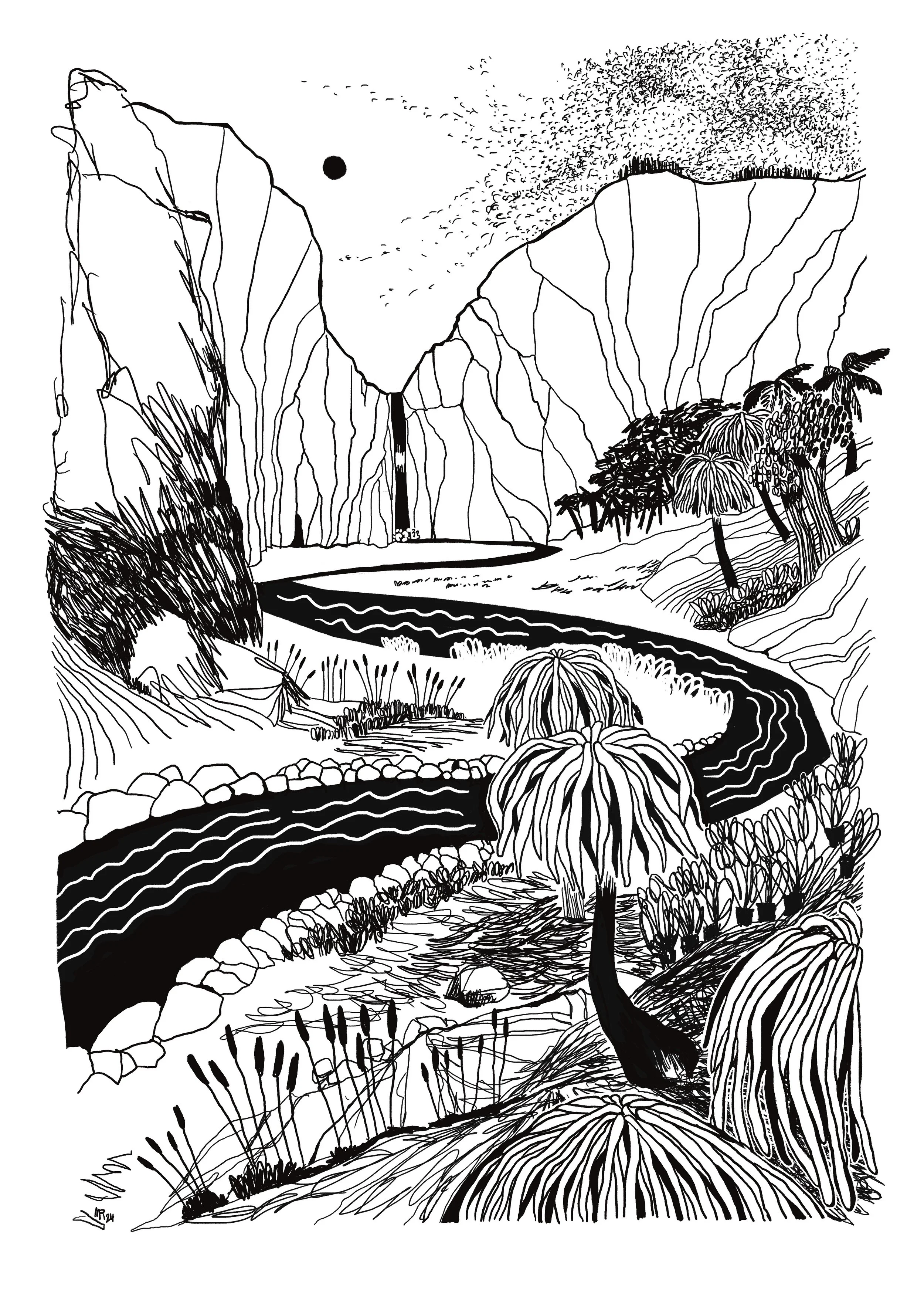 Mustavalkoinen piirros luonnonmaisemasta, joka sisältää vuoria, joet, puita ja kasveja