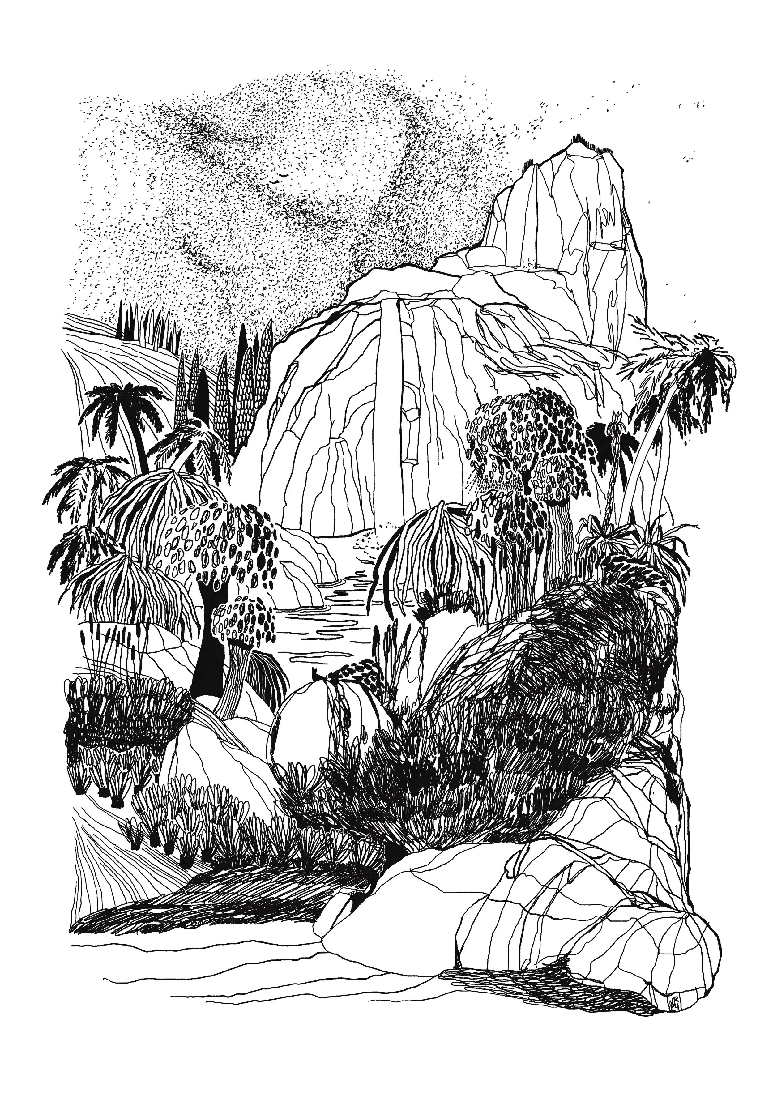 Mustavalkoinen kuva luonnonmaisemasta, jossa on vuoria, puita ja kiviä.