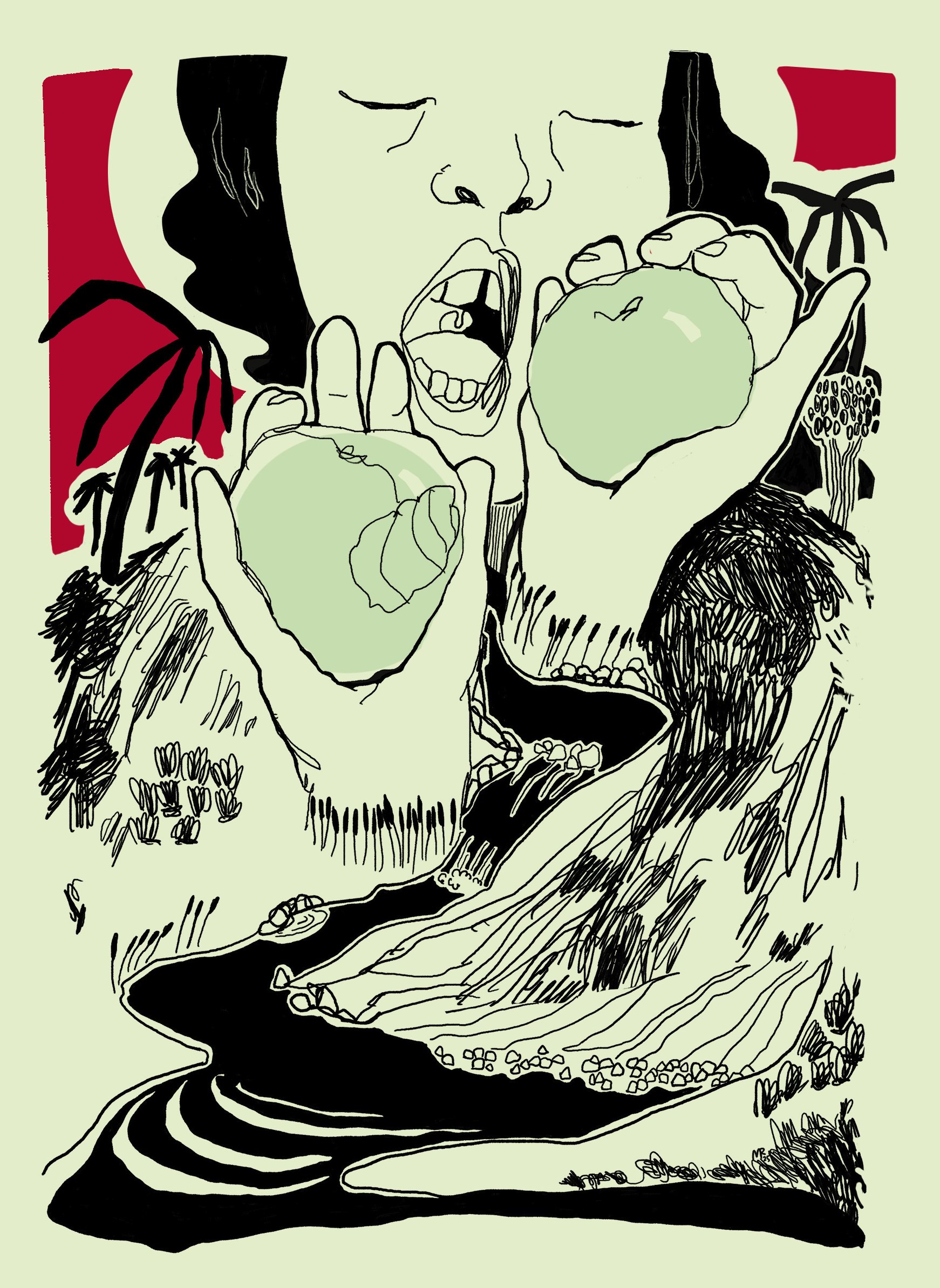 Piirroskuva naisesta, joka juo tai syö omenaa, taustalla kasveja ja abstrakteja muotoja.