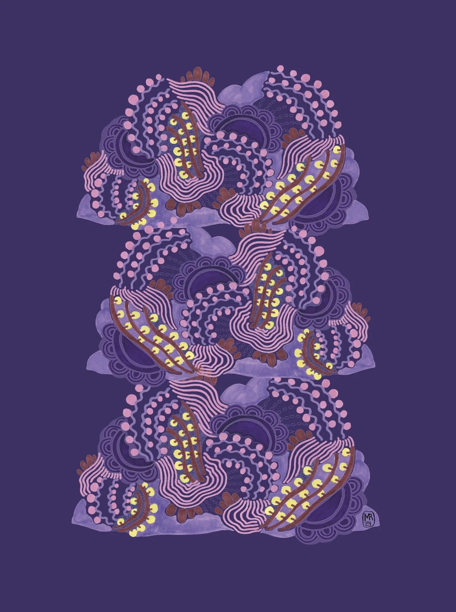 Abstrakti taideteos, jossa on monivärisiä, pieniä ja suurempia pisaramaisia ja kaarevia muotoja violettia ja lilaa sävyissä.