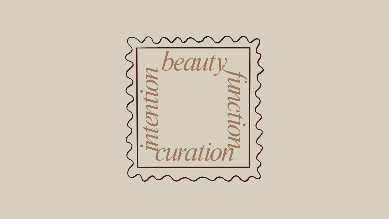 A beige background with a decorative square frame featuring wavy edges. Inside the frame, the words 'interior', 'beauty', and 'curation' are arranged along the edges in a stylish font, with an empty space in the center.