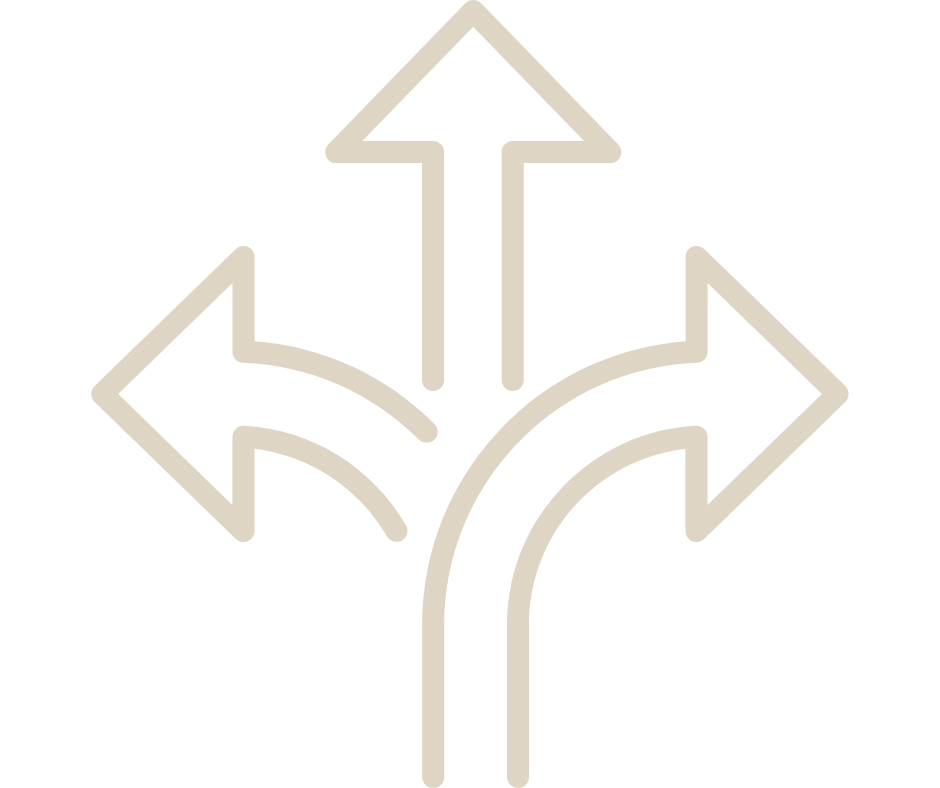 A road sign with arrows pointing left, straight, and right. Build Clarity and Momentum, Together