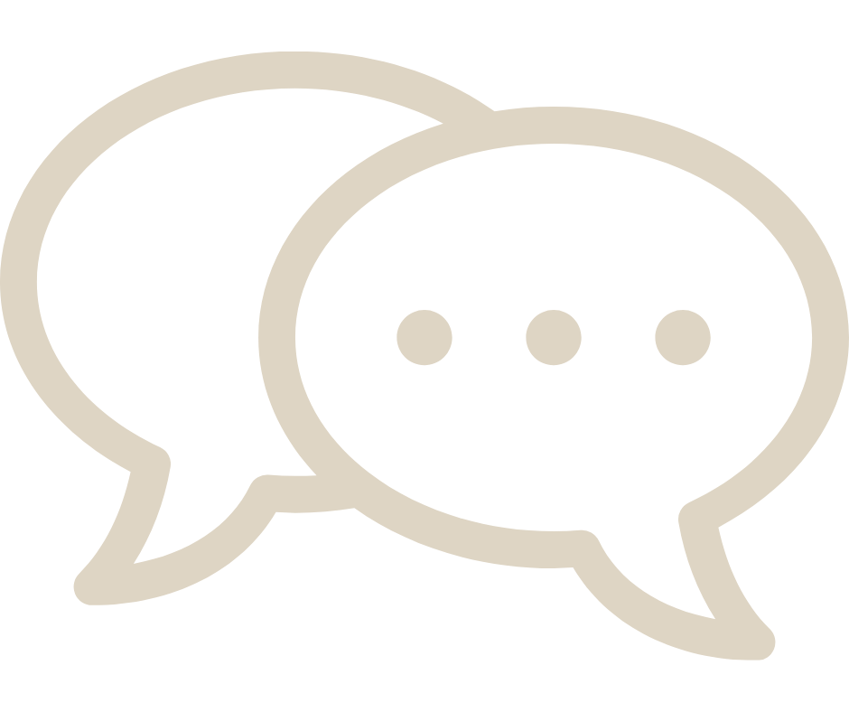 Two overlapping speech bubbles, one with three dots indicating conversation or chat. At the Collective for Designers it all starts with a virtual discovery meeting.