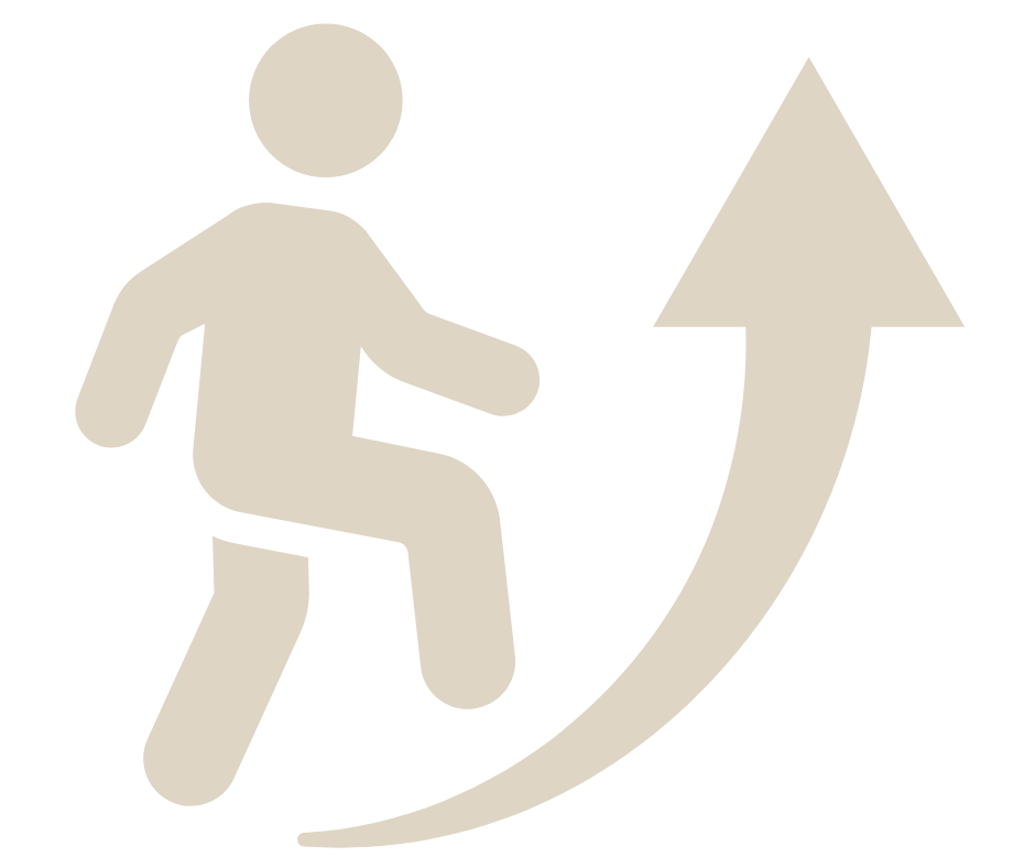 Icon of a person climbing an upward arrow, representing progress or growth. We get further faster when we go together.
