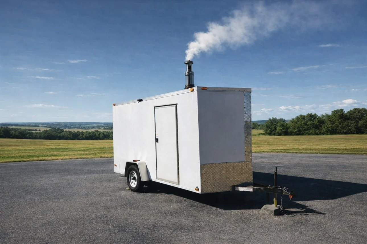 A small white utility trailer with a vent on top, parked on a paved surface with a rural landscape and blue sky in the background.