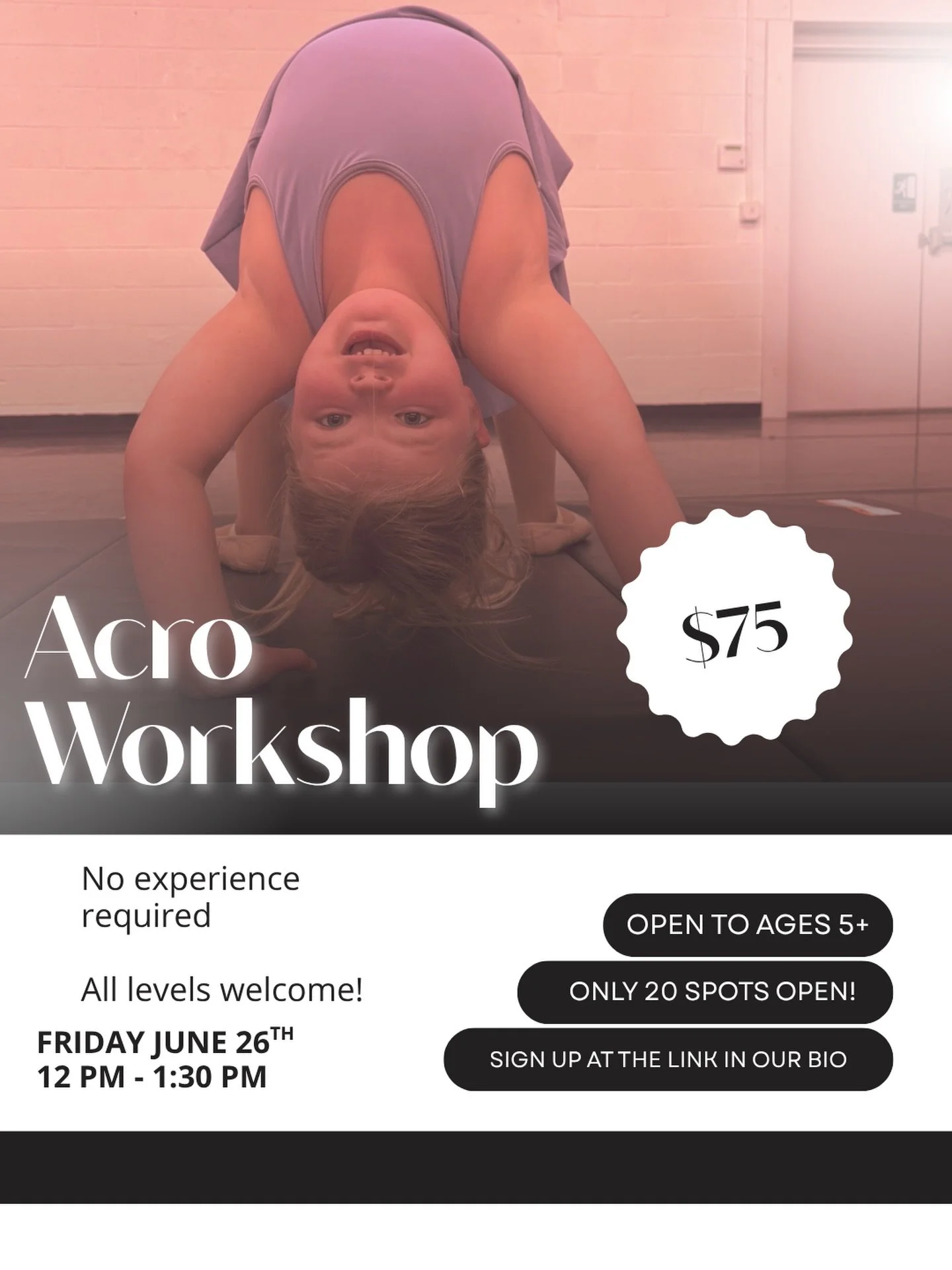 Flip, tumble, and fly into summer with our NEW Acro Workshop! 🤸✨

Join us on June 26th from 12:00 PM&ndash;1:30 PM for a fun-filled acro class designed for ages 5+! No experience required and all levels are welcome. Whether you&rsquo;re just startin