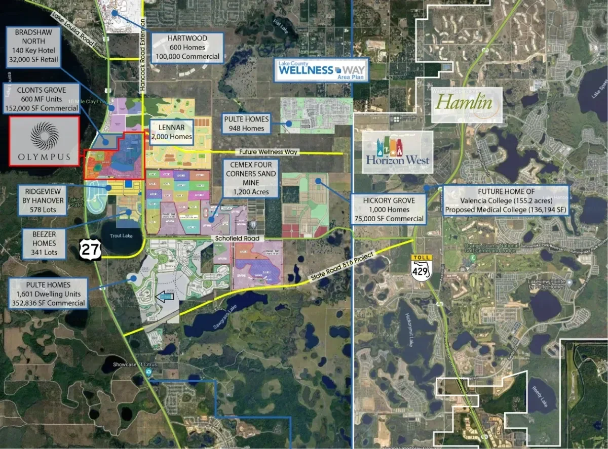 A detailed map of a planned community showing residential developments, commercial areas, lakes, roads, and future project sites, including landmarks such as Olympus, Lake State, and Lakeview Pointe by Pulte Homes.