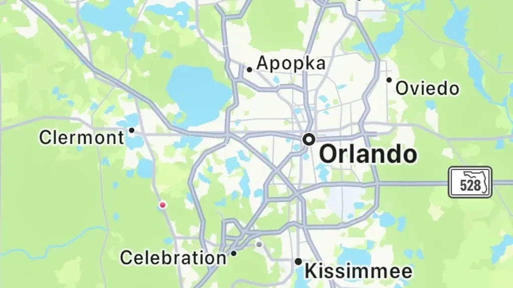 Map of central Florida showing cities of Orlando, Kissimmee, Clermont, Apopka, Oviedo, and Celebration, with surrounding roads and bodies of water.