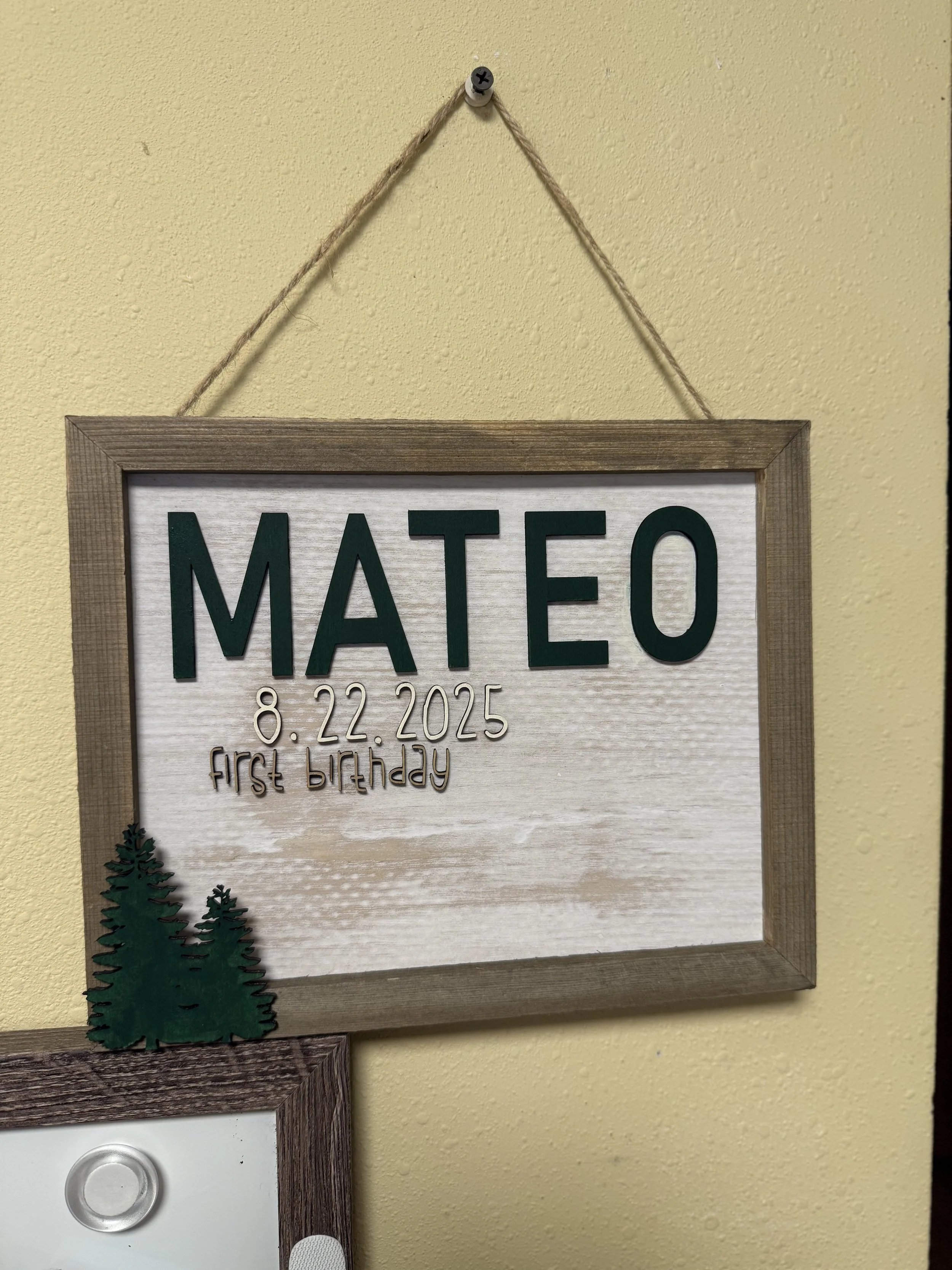 Hanging sign with hand-painted and engraved name, trees, date, and first birthday. 