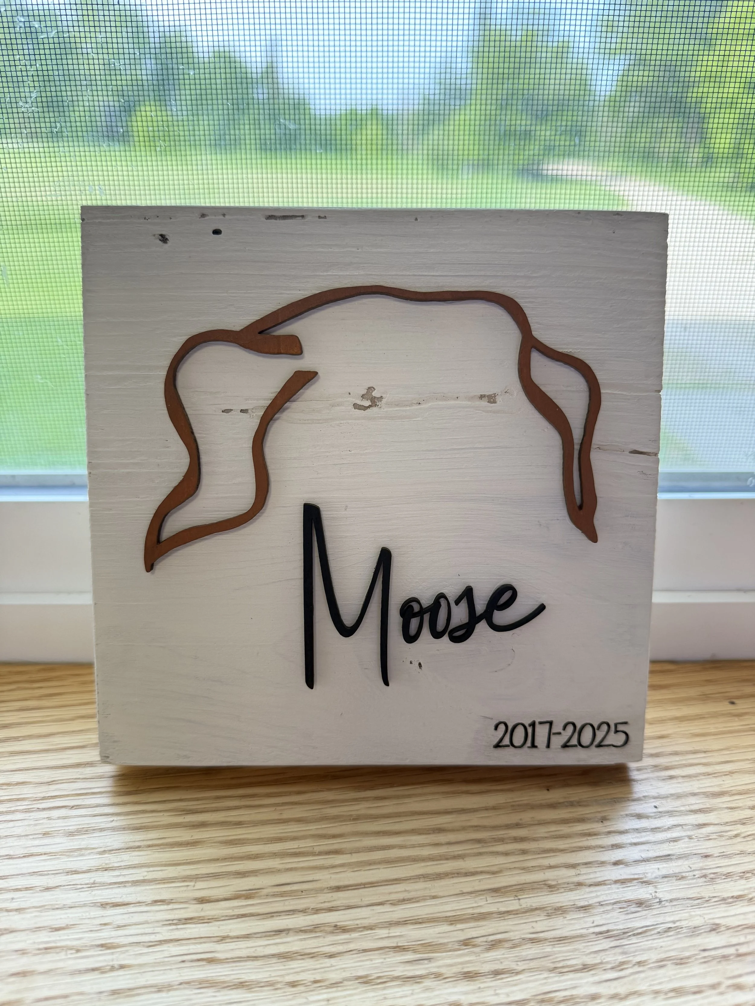 5x5 white sign with cut out outline of the pet ears, hand-painted, with name and memorial date. 