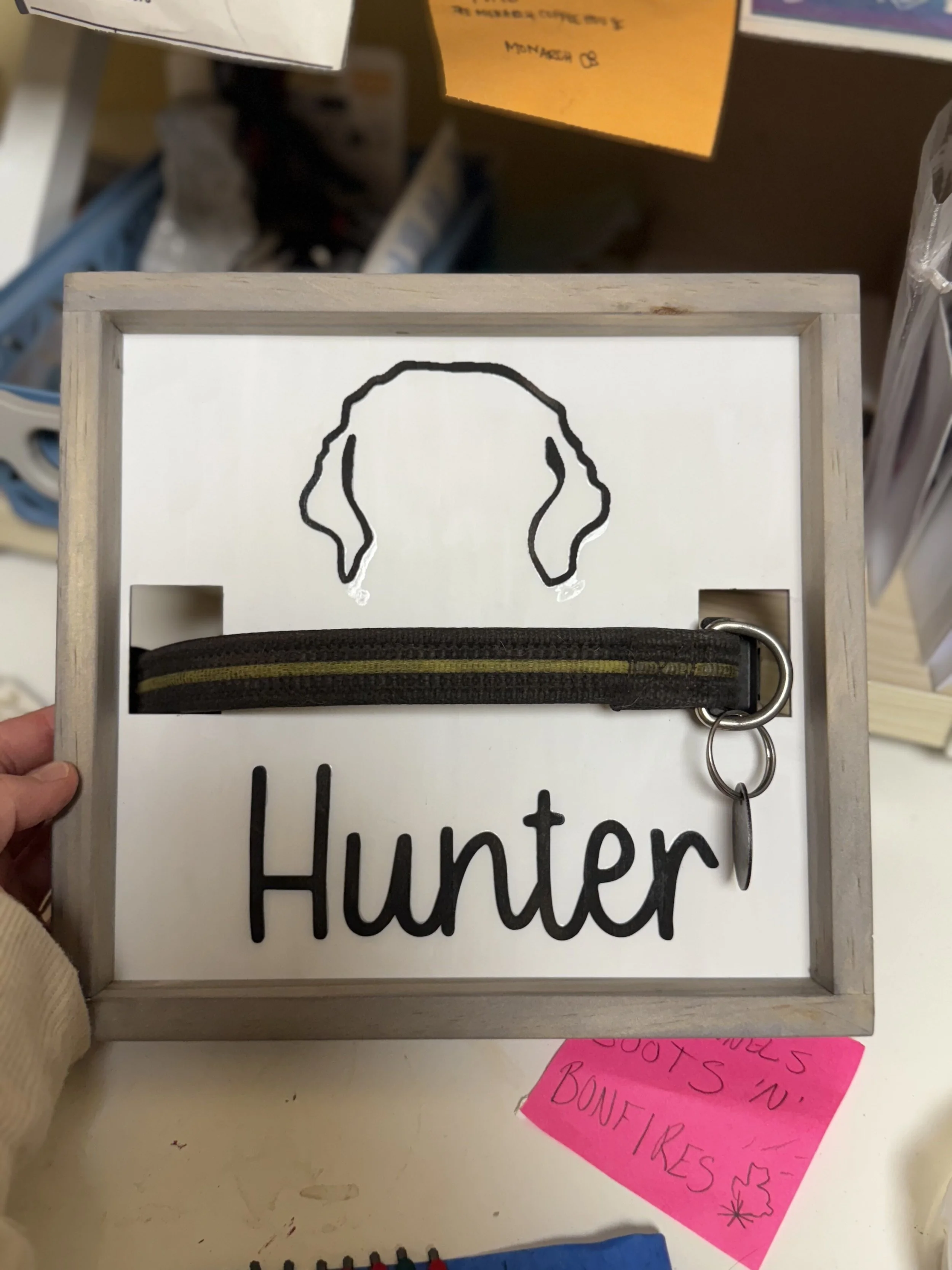 Custom sign with outline of pet ears and pet name. Made specifically to fit the dog's collar for a sweet memory.  