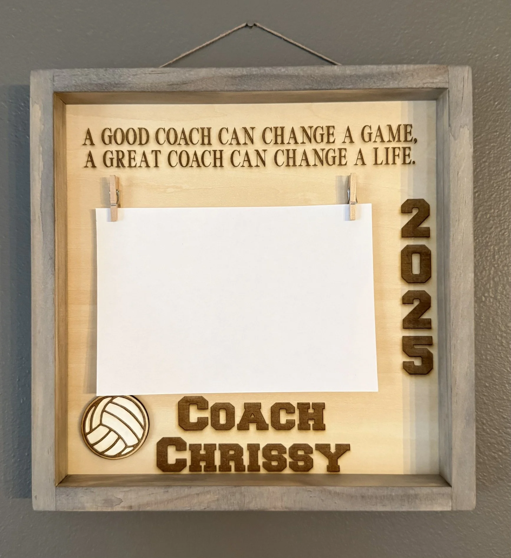 Wood picture frame with custom quote, wording, and cutouts. This frame has clips to hold a 4x6 or 5x7 photo. 